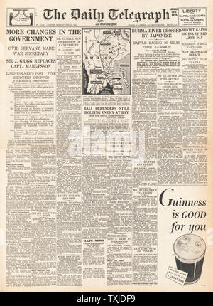 1942 Front Page Daily Telegraph neue Regierung Termine und Kampf für Birma Stockfoto