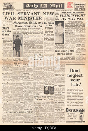 1942 Front Page Daily Mail neue Regierung Termine und Kampf für Birma Stockfoto