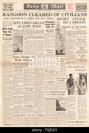 1942 Front Page Daily Mail Zivilisten evakuieren Rangun Stockfoto