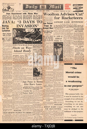 1942 Front Page Daily Mail Schlacht für Java Stockfoto