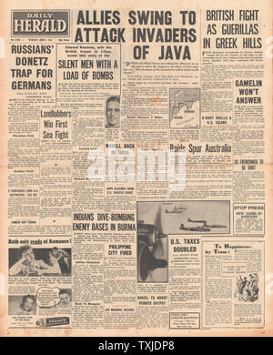 1942 Front Page Daily Herald Schlacht für Java Stockfoto