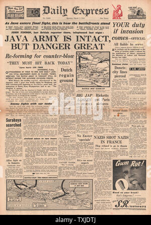 1942 Front Page Daily Express Schlacht für Java Stockfoto