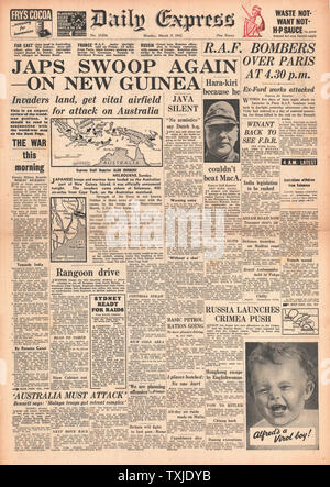 1942 Front Page Daily Express japanischen Truppen landen auf Neuguinea Stockfoto