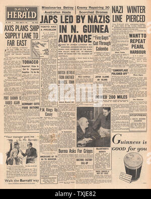 1942 Front Page Daily Herald japanischen Streitkräfte voraus in Neu Guinea Stockfoto