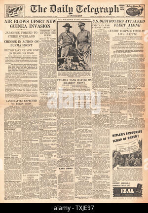 1942 Front Page Daily Telegraph Schlacht für New Guinea, Java und Charkow Stockfoto