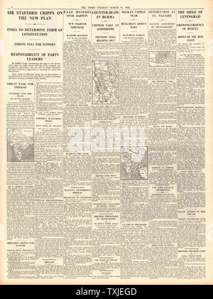 1942 Seite 4 Die Zeiten British Commando Raid auf Docks in St. Nazaire, Belagerung von Leningrad, japanischen Streitkräfte ein toungoo und Indien voll Dominion Rechte angeboten Stockfoto