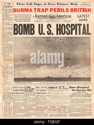 1942 Front page New York Journal American japanischen Luftwaffe Bombe US-Hospital auf Bataan Stockfoto