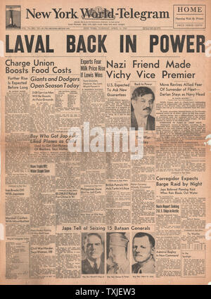 1942 Front page New York World Telegramm Pierre Laval zurück in Vice Premier Stockfoto