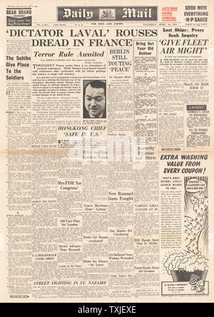 1942 Titelseite Daily Mail Fear of Laval in Frankreich Stockfoto