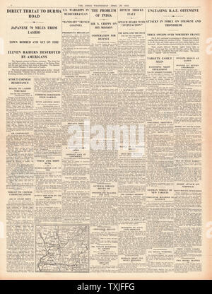 1942 Seite 4 Die Zeiten Schlacht für Birma RAF Bombenangriffe auf Deutschland und besetzten Europa Stockfoto
