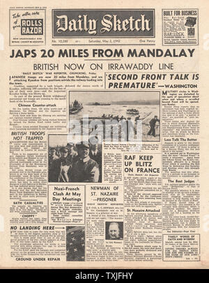 1942 Front page Täglich Skizze Kampf um Mandalay, Lashio fällt auf japanischen Truppen, Panzer bei Orel und RAF-Bombe besetzten Frankreich Stockfoto