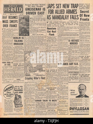 1942 Front Page Daily Herald Mandalay fällt auf japanischen Streitkräfte und RAF-Bombe besetzten Frankreich Stockfoto