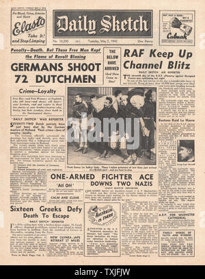 1942 Front page Täglich Skizze Schlacht für Birma, RAF Bombe besetzten Frankreich und Deutschen Repressalien in Holland Stockfoto