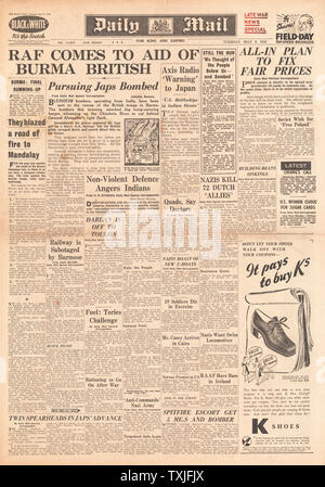 1942 Front Page Daily Mail Schlacht für Birma, RAF Bombe besetzten Frankreich und Deutschen Repressalien in Holland Stockfoto
