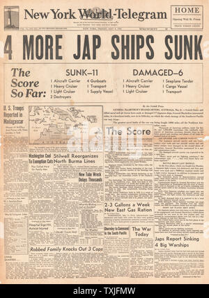 1942 Front page New York World Telegramm schweren Japanischen Verluste bei der Schlacht im Korallenmeer Stockfoto