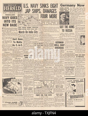 1942 Front Page Daily Herald Schlacht im Korallenmeer, japanischen Truppen voraus, Chittagong, Angriffe auf arktischer Konvois und General Gort ist neuer Kommandant in Malta Stockfoto