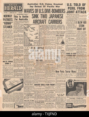 1942 Front Page Daily Herald Schlacht im Korallenmeer und Henry Wallace warnt der japanischen Invasion der Vereinigten Staaten Stockfoto