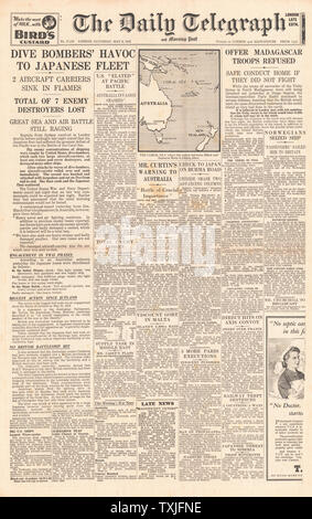 1942 Front Page Daily Telegraph Schlacht im Korallenmeer Stockfoto