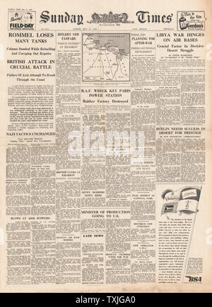 1942 Front page Sunday Times Schlacht für Libyen und RAF-Bombe Paris power station und Gummi Werke Stockfoto