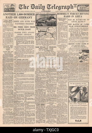 1942 Front Page Daily Telegraph Schlacht für Libyen und RAF durchführen, weitere 1.000 Bomber Raid an der Ruhr und Essen Stockfoto