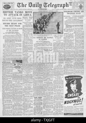 1942 Front Page Daily Telegraph Schlacht für Libyen und Schlacht um Midway Stockfoto