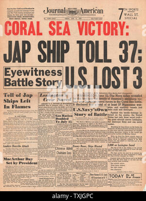 1942 Front page New York Journal American Schlacht im Korallenmeer und der Schlacht um Midway Stockfoto