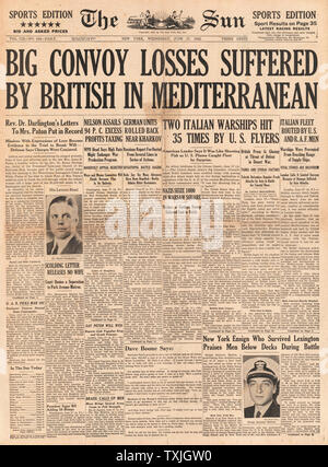 1942 Front Page die Sonne New York mediterrane Konvois Stockfoto