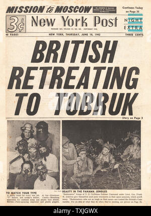 1942 Front page New York Post britische Truppen zum Rückzug zu Tobruk Stockfoto