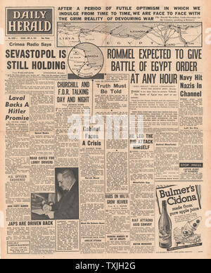 1942 Front Page Daily Herald Schlacht von Ägypten Bevorstehende Stockfoto