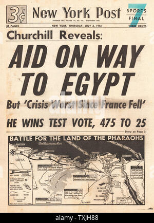 1942 Front page New York Post Churchill sagt Beihilfe ist auf seinem Weg nach Ägypten Stockfoto