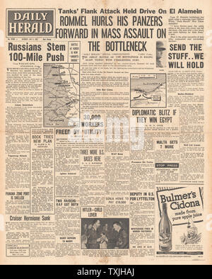 1942 Front Page Daily Herald Schlacht für Ägypten und Krim Stockfoto