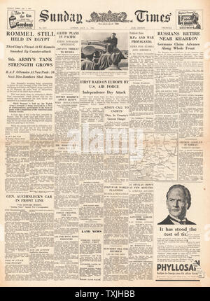 1942 Front page Sunday Times Battle für Ägypten, deutsche Armee Vorschüsse auf die Ostfront und ersten Bombenangriff auf Europa durch die US-Luftwaffe Stockfoto