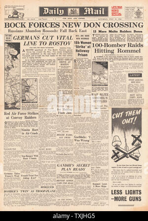 1942 Front Page Daily Mail deutsche Armee der Don und Kampf Kreuz für Ägypten Stockfoto