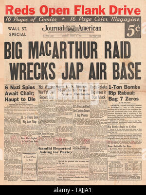 Vorne 1942 Seite New York Journal American US-Luftwaffe Bombe japanische Luftwaffenstützpunkt Rabul Stockfoto