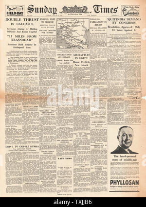 1942 Front page Sunday Times indischen Kongress unterstütze Gandhis für Großbritannien zu "Quit India" und die deutsche Armee im Kaukasus Stockfoto