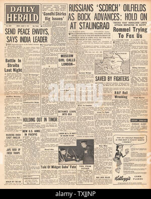1942 Front Page Daily Herald Kampf um Stalingrad Stockfoto