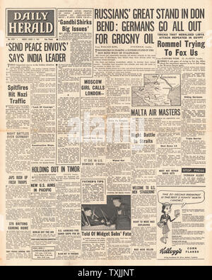 1942 Front Page Daily Herald Kampf um Stalingrad Stockfoto