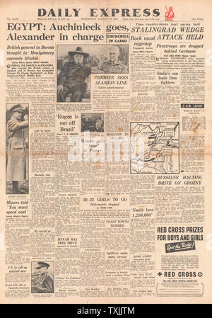 1942 Front Page Daily Express zweite Front Pläne vereinbart, die von Churchill und Stalin und Kampf um Stalingrad Stockfoto