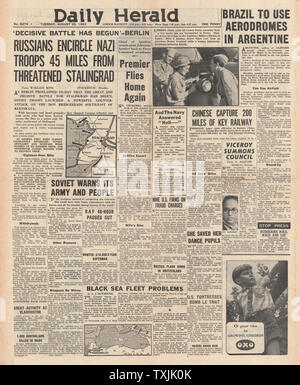 1942 Front Page Daily Herald Kampf um Stalingrad Stockfoto