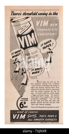 1941 UK Magazin Vim Reinigung Pulver Advert Stockfoto