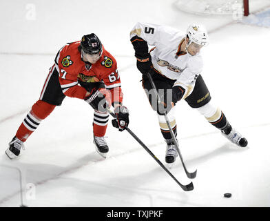 Chicago Blackhawks center Michael Frolik (L) und Anaheim Ducks Verteidiger Luca Sbisa für den Kobold in der ersten Periode in der vereinigten Mitte in Chicago am 12. Februar 2013 gehen. UPI/Brian Kersey Stockfoto