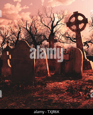 Gruselige Szene von Haunted Graveyard, 3D-Rendering Stockfoto