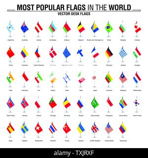 Populärste Flaggen der Welt. Schreibtisch Flags auf weißem Hintergrund. Stock Vektor