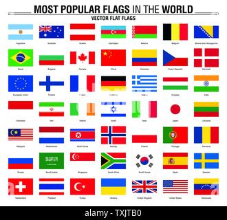 Populärste Flaggen der Welt. Flaggen auf weißem Hintergrund. Stock Vektor