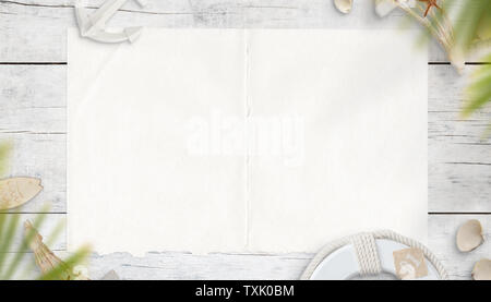 Leeres Blatt Papier auf dem Seeweg Dingen umgeben. Mockup Vorlage für Karte, Text oder Logo. Vintage Style, Ansicht von oben, flach. Planung Sommerferien, Tou Stockfoto