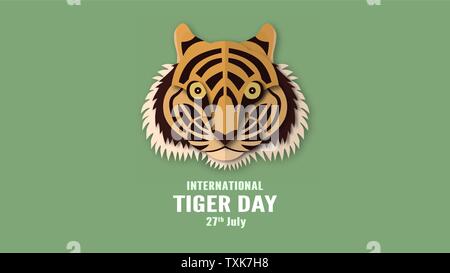 Internationale tiger Tag mit Gesicht und Anzahl. Vector Illustration in Papier geschnitten und Handwerk Stil. Stock Vektor