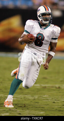 Miami Dolphins quarterback Dante Culpepper (8) kriecht gegen die Carolina Panthers an der Bank von Amerika Stadium 24. August 2006 in Charlotte, NC. (UPI Foto/Bob Carey) Stockfoto