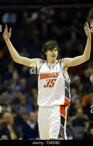 Charlotte Bobcats forward Adam Morrison Kundgebungen Bobcats Fans als die Bobcats die Boston Celtics 92-83 an der Charlotte Bobcats Arena in Charlotte, N.C. am 22. November 2006 Beat. (UPI Foto/Nell Redmond) Stockfoto