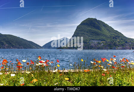 Aussicht auf Lugano See, Schweiz, Europa. Stockfoto