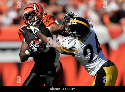 Cincinnati Bengals wide receiver Glenn Holt (16) steif arme Pittsburgh Steelers cornerback Ike Taylor (24) für ein 3-Yard-Gewinn im zweiten Quartal Paul Brown Stadium in Cincinnati am 28. Oktober 2007. (UPI Foto/Markierung Cowan) Stockfoto